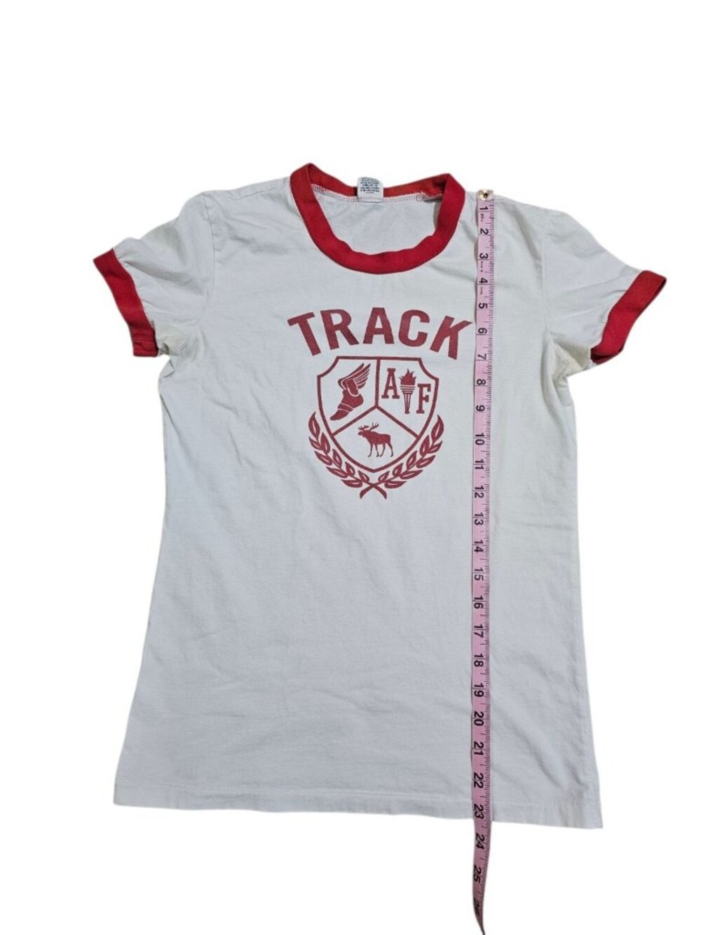 Abercrombie & Fitch Women Medium Ringer Tee White Red Track Archival Moose Rare - Picture 7 of 7